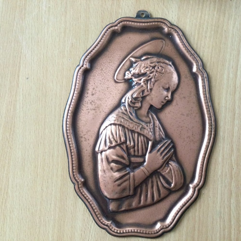 vintage copper engraving plate girl praying wall hanger plate decoration